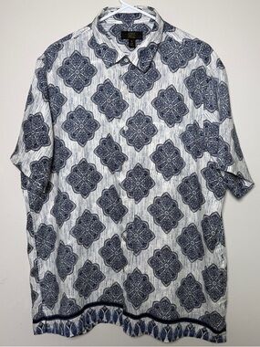 Club Room Luxury XL Blue and White Short-Sleeve 100% Linen Medallion Button-Down